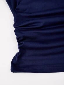 SHEIN Casuvi Kids 青少年女孩 2 件套，針織修身 T 恤套裝，海軍藍 Polo 領套頭衫搭配寬腿褲，馬匹圖案，返校秋季 - 藏蓝色 - 查看 5