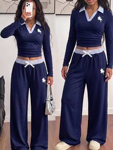 SHEIN Casuvi Kids 青少年女孩 2 件套，針織修身 T 恤套裝，海軍藍 Polo 領套頭衫搭配寬腿褲，馬匹圖案，返校秋季 - 藏蓝色 - 查看 2