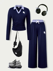 SHEIN Casuvi Kids 青少年女孩 2 件套，針織修身 T 恤套裝，海軍藍 Polo 領套頭衫搭配寬腿褲，馬匹圖案，返校秋季 - 藏蓝色 - 查看 9