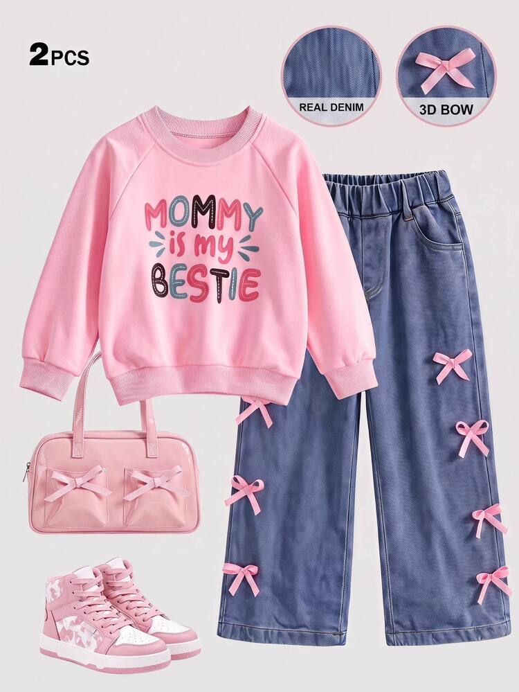 Casuvi Kids Genkimix Young Girl Girls White Shoulder-Sleeve Sports Sweatshirt And Deep Pink Loose Sweatpants 2-Piece Set, Suitable For Spring, Autumn, Winter, Outdoor, School, And Casual Wear - Multicolor - View 1