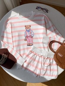 Comfortcana 女款卡通熊白色與粉色圖案長袖毛衣與針織短褲套裝，居家度假秋季可愛 - 粉色 - 查看 6