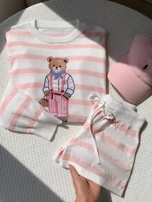 Comfortcana 女款卡通熊白色與粉色圖案長袖毛衣與針織短褲套裝，居家度假秋季可愛 - 粉色 - 查看 11