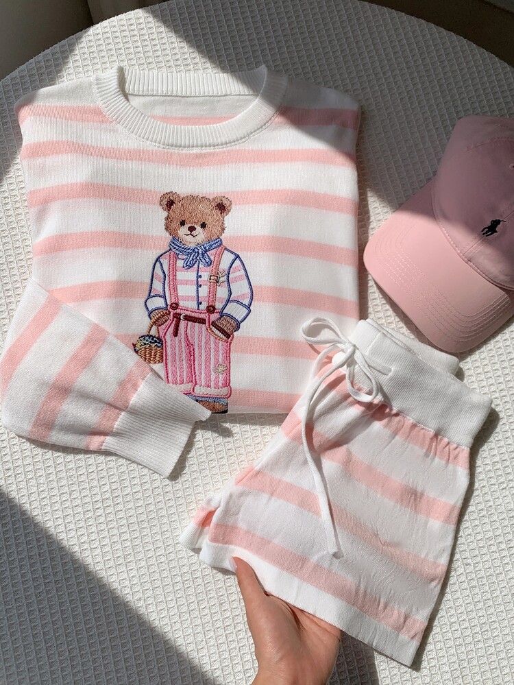 Comfortcana Women's Cartoon Bear White And Pink Pattern Long Sleeve Sweater And Knitted Shorts Set Home Holiday Autumn Cute - Pink - View 10