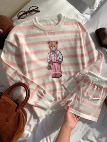 Comfortcana 女款卡通熊白色與粉色圖案長袖毛衣與針織短褲套裝，居家度假秋季可愛 - 粉色 - 查看 8