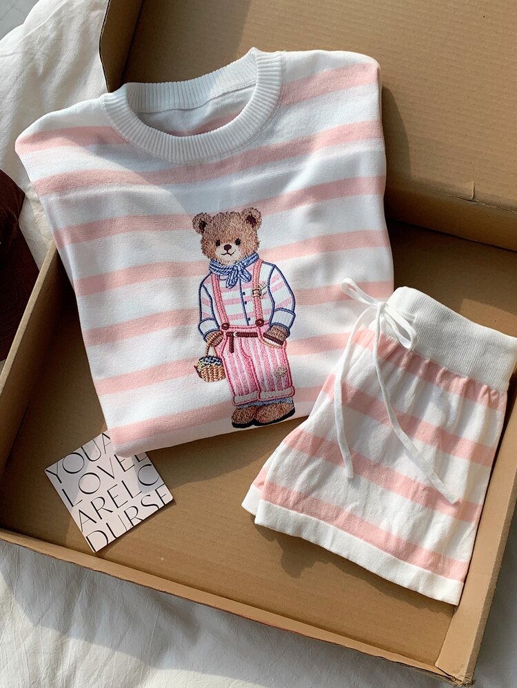 Comfortcana Women's Cartoon Bear White And Pink Pattern Long Sleeve Sweater And Knitted Shorts Set Home Holiday Autumn Cute - Pink - View 3