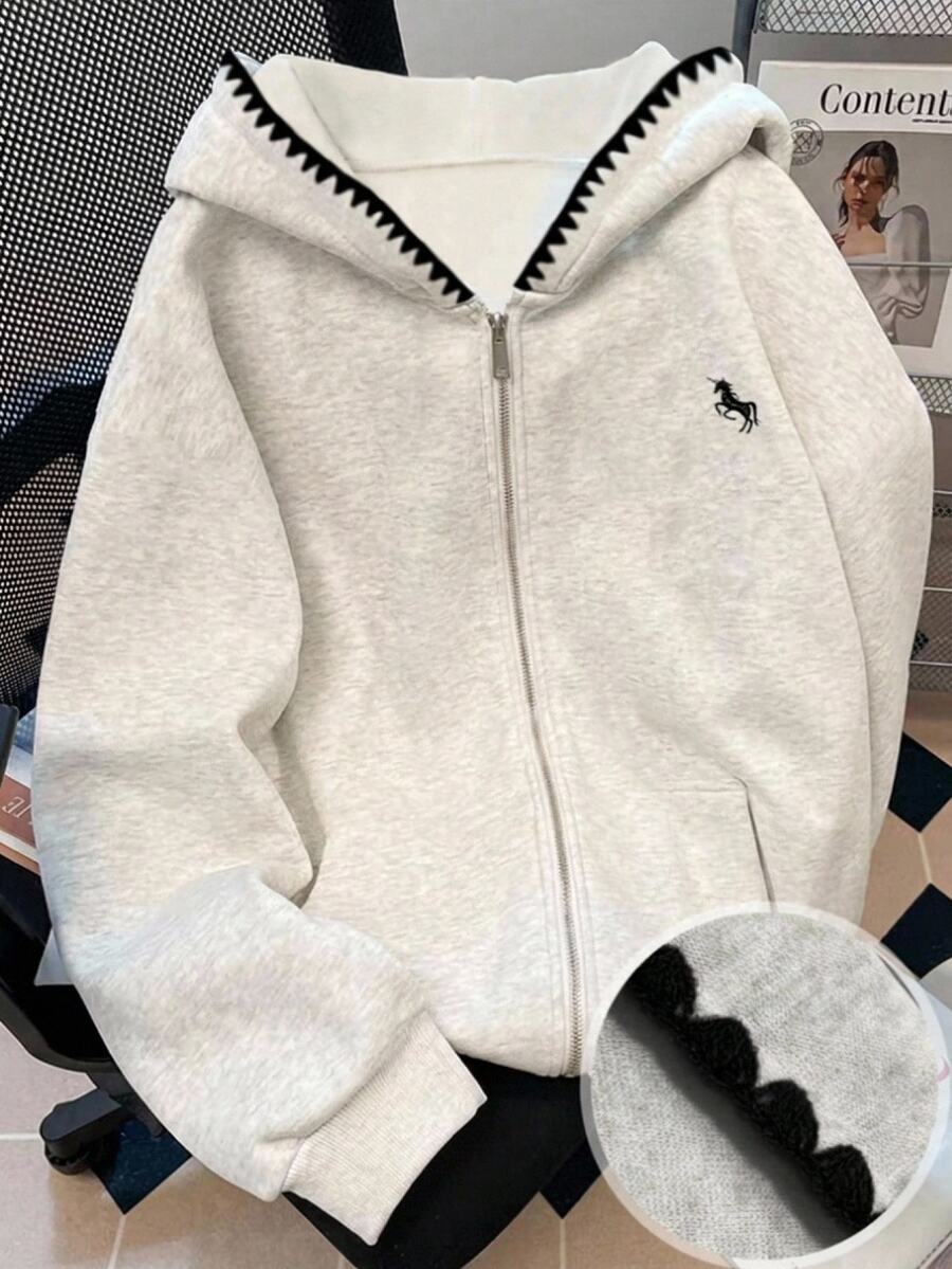 SHEIN 青少年女孩拼色連帽拉鍊休閒日常長袖秋冬衛衣 - 淺灰色 - 查看 1
