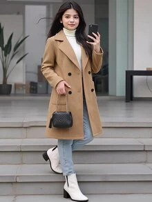 青少年女孩大衣，秋冬穿搭，休閒，極簡風，街頭風，修身，舒適，優雅西裝領，保暖，中長版純色 - 卡其色 - 查看 3
