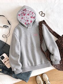 Casuvi Kids 1pc Tween Girls' Simple & Elegant Pullover Sweatshirt, Ditsy Floral Lining, Exquisite Embroidered Pattern On Chest, Comfortable Fabric, Spring/Autumn New Style, Casual Back To School Outfit, Suitable For Multiple Seasons - Grey - View 3