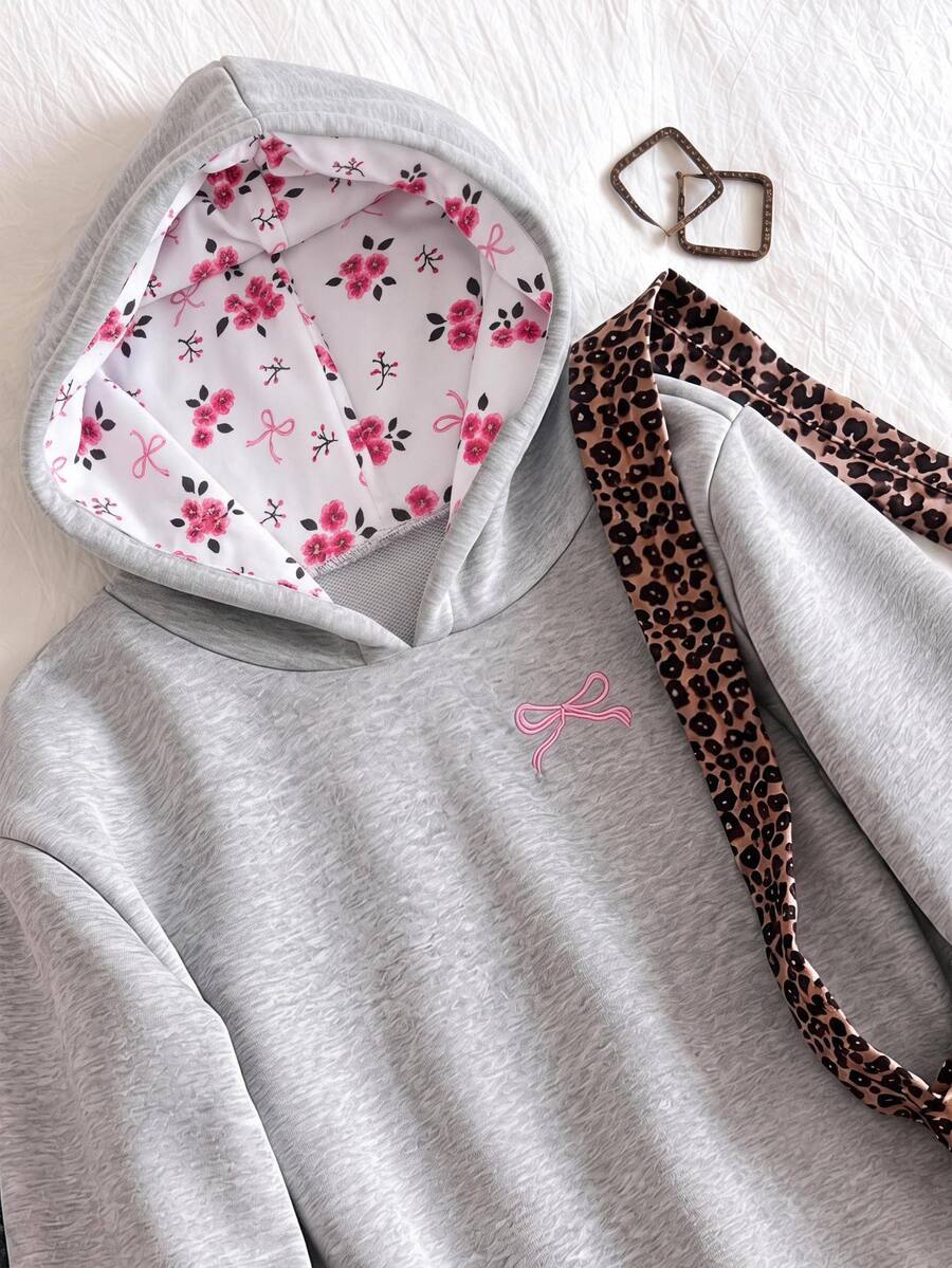 Casuvi Kids 1pc Tween Girls' Simple & Elegant Pullover Sweatshirt, Ditsy Floral Lining, Exquisite Embroidered Pattern On Chest, Comfortable Fabric, Spring/Autumn New Style, Casual Back To School Outfit, Suitable For Multiple Seasons - Grey - View 1