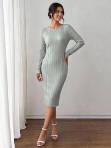 Zaforene Women's Textured Long Sleeve Dress Office Brunch Tea Party Sage Green Fall Minimalist Elegant Festival - Aqua Green - View 3