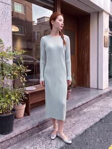 Zaforene Women's Textured Long Sleeve Dress Office Brunch Tea Party Sage Green Fall Minimalist Elegant Festival - Aqua Green - View 5