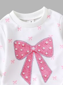 Casuvi Kids 女童圓領長袖休閒兩件套，春秋蝴蝶結印花衛衣與長褲，清新甜美可愛日常穿搭，適合戶外運動、度假、旅行，活力風格新款套裝 - 白色 - 查看 3