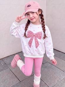 Casuvi Kids 女童圓領長袖休閒兩件套，春秋蝴蝶結印花衛衣與長褲，清新甜美可愛日常穿搭，適合戶外運動、度假、旅行，活力風格新款套裝 - 白色 - 查看 1