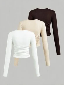 SHEIN Tween女孩簡約休閒三件套，百搭日常長袖T恤上衣，適合四季穿著，秋冬款 - 彩色 - 查看 2