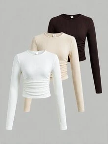 SHEIN Tween女孩簡約休閒三件套，百搭日常長袖T恤上衣，適合四季穿著，秋冬款 - 彩色 - 查看 7