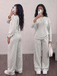 SHEIN 青少年女孩豹紋印花長袖上衣與長褲兩件套休閒街頭風套裝，適合秋季、Y2K、萬聖節、冬季 - 杏色 - 查看 4