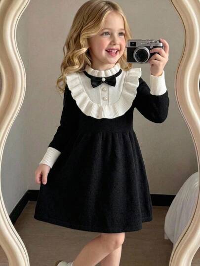 SHEIN Fall Clothes Winter Toddler Girl Black Adorable Ruffle Trim Long Sleeve Sweater Dress, Back To School, Cozy Soft, Festival Outfits Christmas