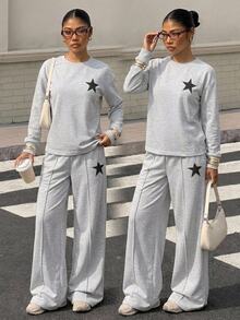 SHEIN 青少年女孩星形印花長袖T恤套裝，休閒針織彈性舒適長褲 - 灰色 - 查看 7