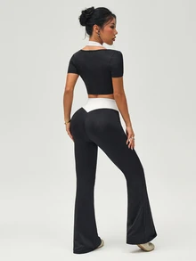 Gameset SHEIN Sport Women's Black White Contrast Activewear Set, High Stretch Skin-Friendly Crop Top And High Waist Tummy Control Cross Waist Flare Leggings For Yoga Gym - Black - View 3