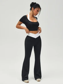 Gameset SHEIN Sport Women's Black White Contrast Activewear Set, High Stretch Skin-Friendly Crop Top And High Waist Tummy Control Cross Waist Flare Leggings For Yoga Gym - Black - View 7