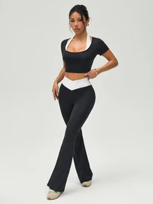 Gameset SHEIN Sport Women's Black White Contrast Activewear Set, High Stretch Skin-Friendly Crop Top And High Waist Tummy Control Cross Waist Flare Leggings For Yoga Gym - Black - View 6
