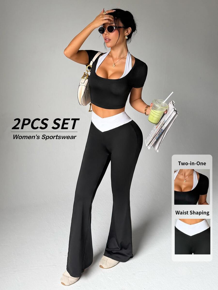 Gameset SHEIN Sport Women's Black White Contrast Activewear Set, High Stretch Skin-Friendly Crop Top And High Waist Tummy Control Cross Waist Flare Leggings For Yoga Gym