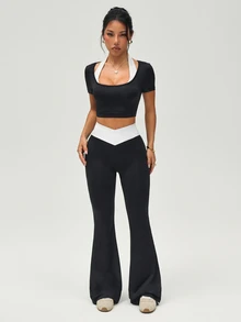 Gameset SHEIN Sport Women's Black White Contrast Activewear Set, High Stretch Skin-Friendly Crop Top And High Waist Tummy Control Cross Waist Flare Leggings For Yoga Gym - Black - View 5