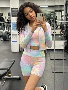 SHEIN Tween女孩豹紋彩色長袖立領拉鍊T恤+內搭褲3件式運動套裝，秋冬穿搭 - 彩色 - 查看 5