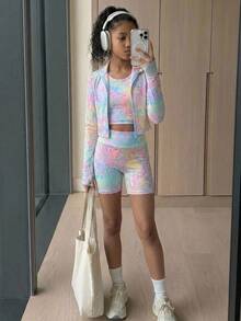 SHEIN Tween女孩豹紋彩色長袖立領拉鍊T恤+內搭褲3件式運動套裝，秋冬穿搭 - 彩色 - 查看 3