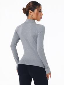 SHEIN Sports 拼色镶边领口修身运动长袖卫衣 - 灰色 - 查看 2
