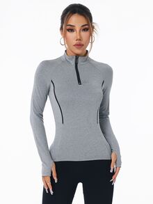SHEIN Sports 拼色镶边领口修身运动长袖卫衣 - 灰色 - 查看 3