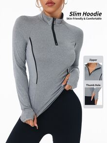 SHEIN Sports 拼色镶边领口修身运动长袖卫衣 - 灰色 - 查看 7