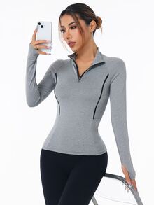 SHEIN Sports 拼色镶边领口修身运动长袖卫衣 - 灰色 - 查看 6