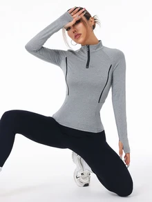 SHEIN Sports 拼色镶边领口修身运动长袖卫衣 - 灰色 - 查看 4