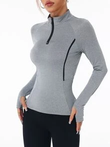 SHEIN Sports 拼色镶边领口修身运动长袖卫衣 - 灰色 - 查看 5