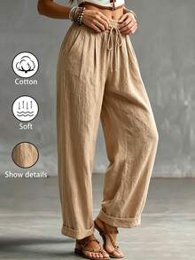 Breezaya Celana Kasual Wanita Model Baru Musim Semi/Panas dengan Tekstur Murni dan Kaki Lebar, Pinggang Tinggi dengan Tali Serut dan Karet Elastis, Celana Panjang Lurus Longgar dan Ramping dengan Manset, Celana Panjang Linen Lembut Serbaguna untuk Perjalanan dan Liburan - Khaki - View 5