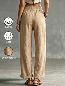 Breezaya Celana Kasual Wanita Model Baru Musim Semi/Panas dengan Tekstur Murni dan Kaki Lebar, Pinggang Tinggi dengan Tali Serut dan Karet Elastis, Celana Panjang Lurus Longgar dan Ramping dengan Manset, Celana Panjang Linen Lembut Serbaguna untuk Perjalanan dan Liburan - Khaki - View 2