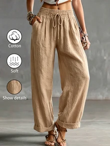 Breezaya Celana Kasual Wanita Model Baru Musim Semi/Panas dengan Tekstur Murni dan Kaki Lebar, Pinggang Tinggi dengan Tali Serut dan Karet Elastis, Celana Panjang Lurus Longgar dan Ramping dengan Manset, Celana Panjang Linen Lembut Serbaguna untuk Perjalanan dan Liburan - Khaki - View 3
