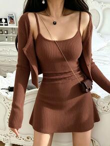 Breezaya 2026 New Women's Autumn/Winter Casual Minimalist Ribbed Knit 2-Piece Set: Short Long Sleeve Cardigan + Slim Fit Camisole Mini Skirt, Soft Coffee Color, Slimming, Sexy, Commuter, Comfortable Inner Layer Bodycon Dress - Khaki - View 3