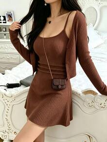 Breezaya 2026 New Women's Autumn/Winter Casual Minimalist Ribbed Knit 2-Piece Set: Short Long Sleeve Cardigan + Slim Fit Camisole Mini Skirt, Soft Coffee Color, Slimming, Sexy, Commuter, Comfortable Inner Layer Bodycon Dress - Khaki - View 5