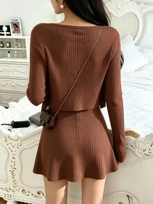Breezaya 2026 New Women's Autumn/Winter Casual Minimalist Ribbed Knit 2-Piece Set: Short Long Sleeve Cardigan + Slim Fit Camisole Mini Skirt, Soft Coffee Color, Slimming, Sexy, Commuter, Comfortable Inner Layer Bodycon Dress - Khaki - View 2