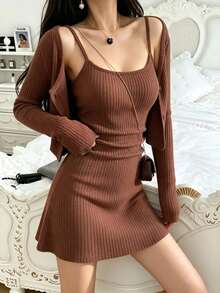 Breezaya 2026 New Women's Autumn/Winter Casual Minimalist Ribbed Knit 2-Piece Set: Short Long Sleeve Cardigan + Slim Fit Camisole Mini Skirt, Soft Coffee Color, Slimming, Sexy, Commuter, Comfortable Inner Layer Bodycon Dress - Khaki - View 7