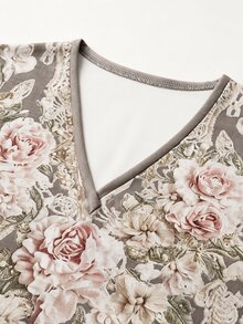 SHEIN 秋季優雅休閒套裝度假長袖花卉印花女上衣，適合派對、早晨正式場合、家庭洗禮賓客聚會、購物，銀色 - 咖啡棕 - 查看 6