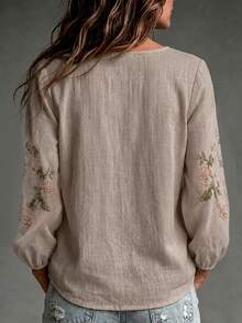 SHEIN 秋季優雅休閒套裝度假長袖花卉印花女上衣，適合派對、早晨正式場合、家庭洗禮賓客聚會、購物，銀色 - 咖啡棕 - 查看 2