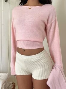 Autumina Women's Solid Color Casual Versatile Daily Long Sleeve Sweater - Pink - View 1