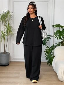 SHEIN EZwear 大尺碼女款純色圓領長袖上衣與長褲休閒套裝，傳統優雅日常居家辦公正式穿搭，黑色，秋季，2件組 - 黑色 - 查看 4