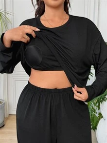 SHEIN EZwear 大尺碼女款純色圓領長袖上衣與長褲休閒套裝，傳統優雅日常居家辦公正式穿搭，黑色，秋季，2件組 - 黑色 - 查看 6