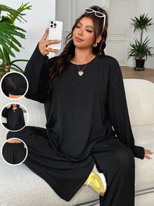 SHEIN EZwear 大尺碼女款純色圓領長袖上衣與長褲休閒套裝，傳統優雅日常居家辦公正式穿搭，黑色，秋季，2件組 - 黑色 - 查看 3