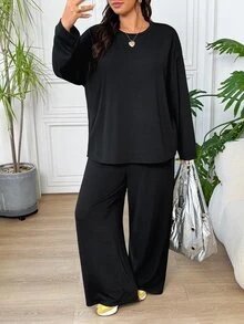SHEIN EZwear 大尺碼女款純色圓領長袖上衣與長褲休閒套裝，傳統優雅日常居家辦公正式穿搭，黑色，秋季，2件組 - 黑色 - 查看 5