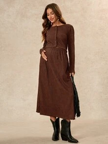 Boho Mama Maternity Crew Neck Long Sleeve Top And Long Skirt 2 Pieces Set Photoshoot Winter Casual Fall - Brown - View 6